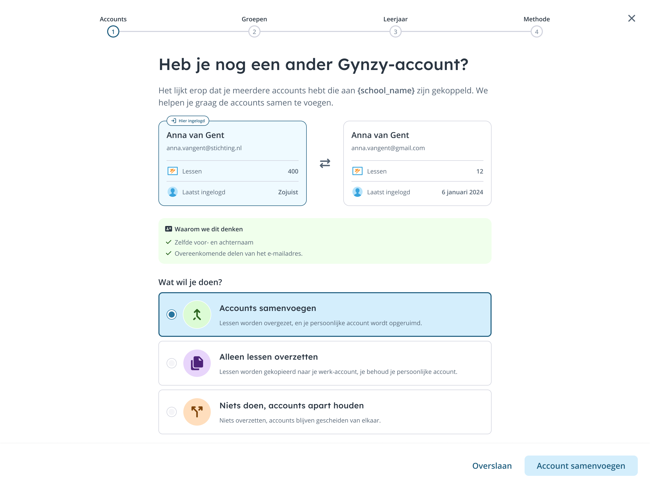 Earlier design comparing two accounts side by side, with reasons for the match and three options: merge accounts, only copy lessons, or keep accounts apart
